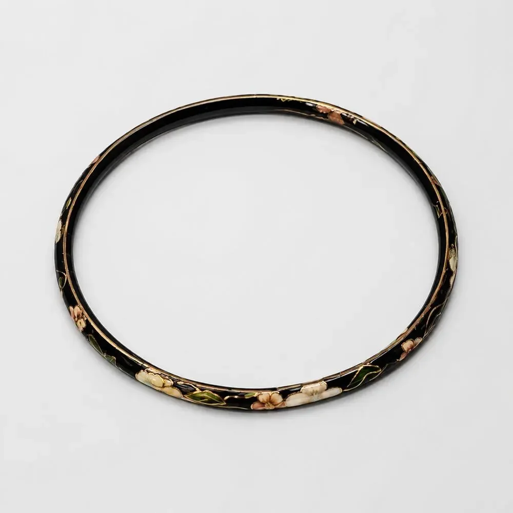 Vintage Boho Cloisonné Bangle Bracelet Black Floral Enamel 2.75